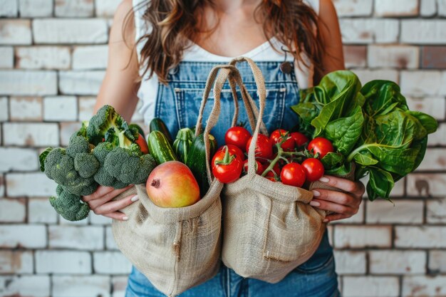 Hands holding freshly picked vegetables in craft bag from a local farmers market ai generated