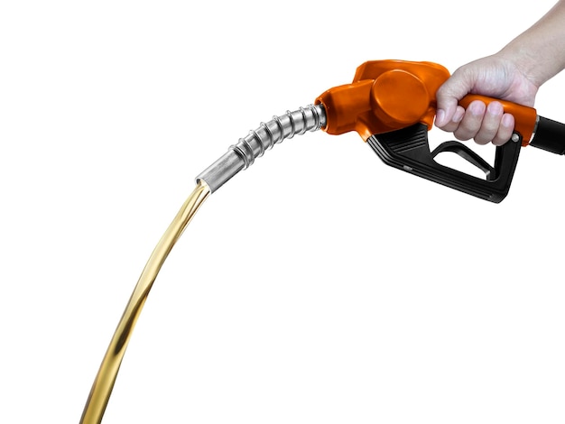 Hands holding Fuel nozzle with hose isolated on white background