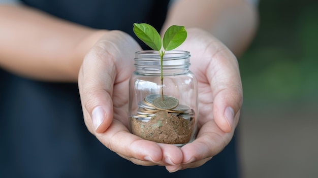 Photo hands holding glass jar with coins and plant growth