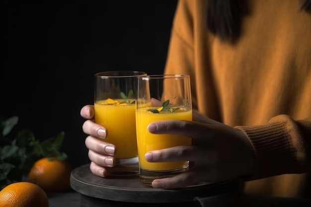 Hands holding glasses with natural orange juice generative AI