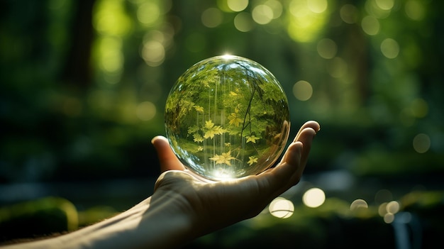 Hands holding globe glass in green forest Environment concept Generative ai