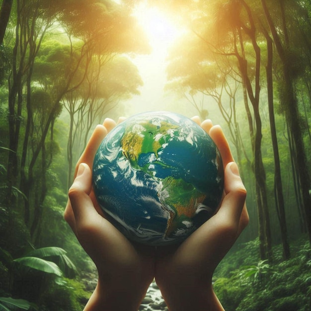 Hands holding globe on green nature forest background in saving environment concept