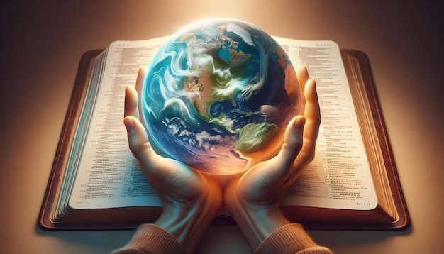 Photo hands holding a globe above an open bible symbolizing the unity of faith and world stewardship through scripture and divine guidance