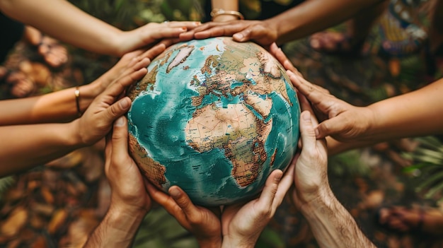 Photo hands holding a globe representing unity and care for earth