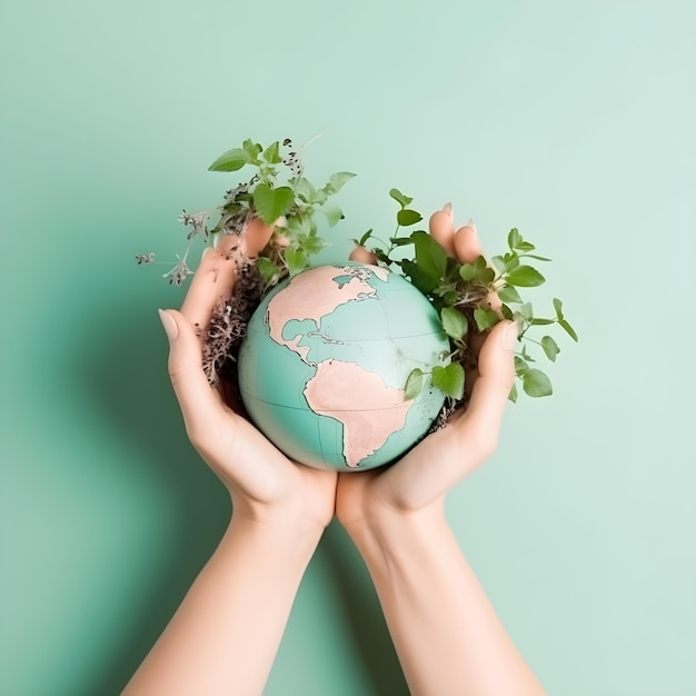 Hands holding a globe with plants around it