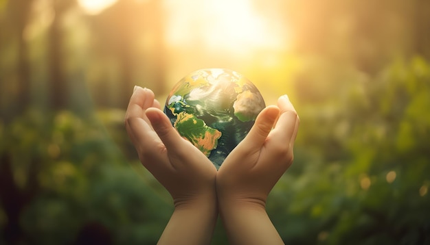 Hands holding a globe with the sun shining on it