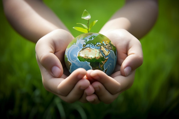 Hands holding a globe with a tree growing out of it