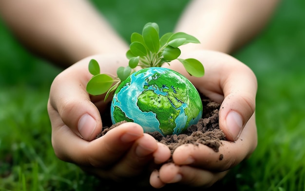 Hands holding a globe with the tree sprouting out of it.