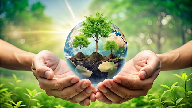 hands holding a globe with trees and the sun in the background