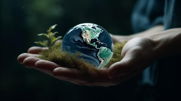 Hands holding a globe with the word earth on itgenerative ai