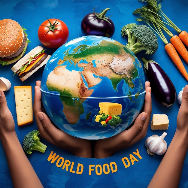 Photo hands holding a globe with the word world in yellow letters that say world food