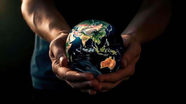 Hands holding a globe with the world in the background