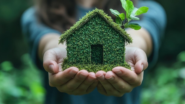 Photo hands holding a green ecofriendly house model made of moss and leaves symbolizing sustainable living and environmental conservation