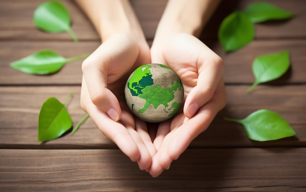 Hands holding a green globe with the word earth on it