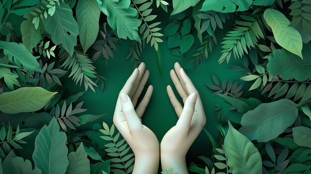 Hands holding green leaves background with copy space Nature and environment concept