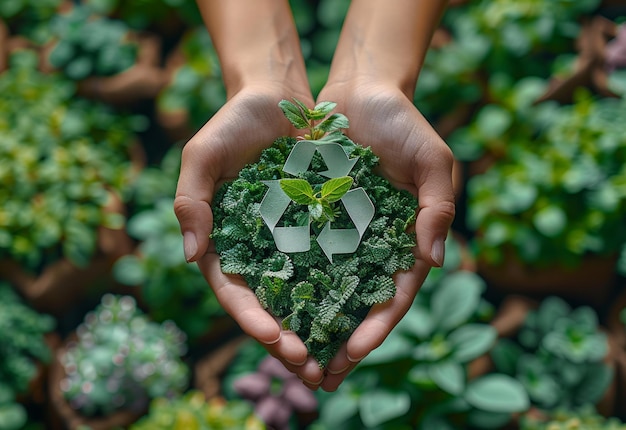 Hands holding green recycling symbol