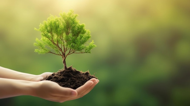 Hands holding a growing tree from green soil Renewable energy and climate change concept