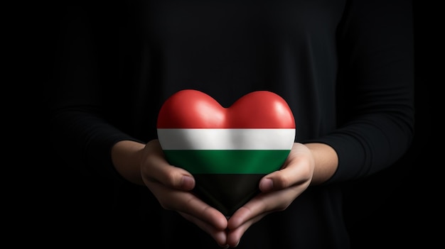 Hands holding a heart shaped Palestinian flag in front of a black background