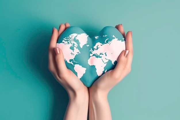 Hands holding a heart shaped world map