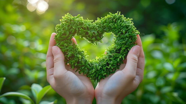 hands holding a heart with green moss on a green background