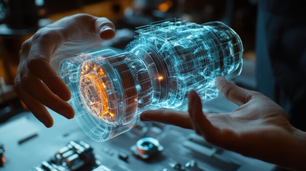 Hands holding a holographic 3D model of an engine