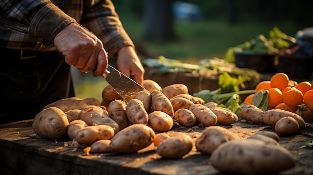 Hands holding a knife while cutting a potato down to slices