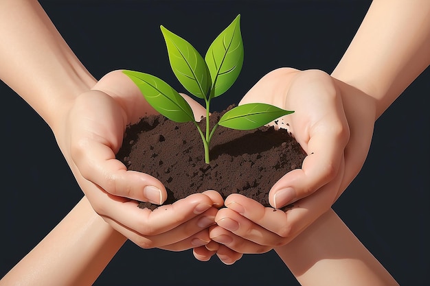 Hands holding a leaf plant in dirt symbolizing nature conservation and sustainable growth in flat vector illustration