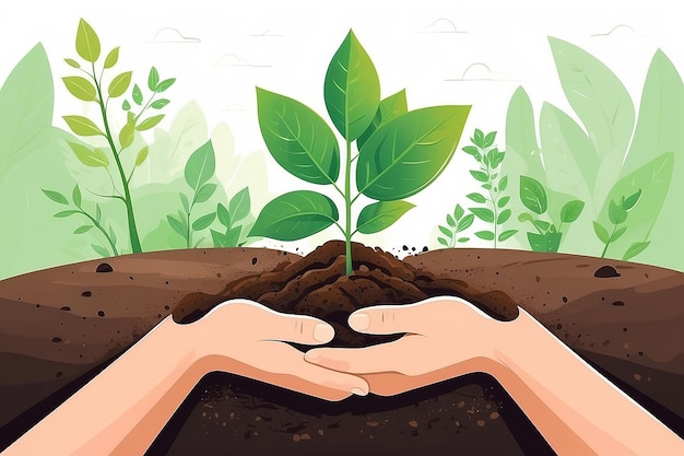 Hands holding a leaf plant in dirt symbolizing nature conservation and sustainable growth in flat vector illustration