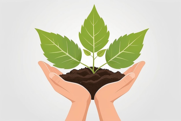 Hands holding a leaf plant in dirt symbolizing nature conservation and sustainable growth in flat vector illustration