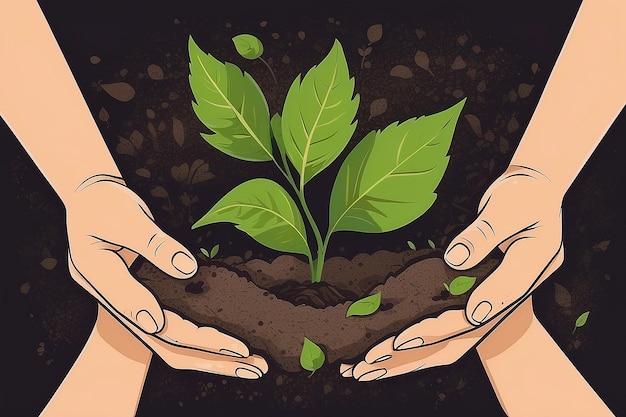 Photo hands holding a leaf plant in dirt symbolizing nature conservation and sustainable growth in flat vector illustration