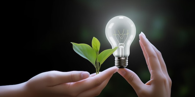 Hands holding a light bulb and a plant