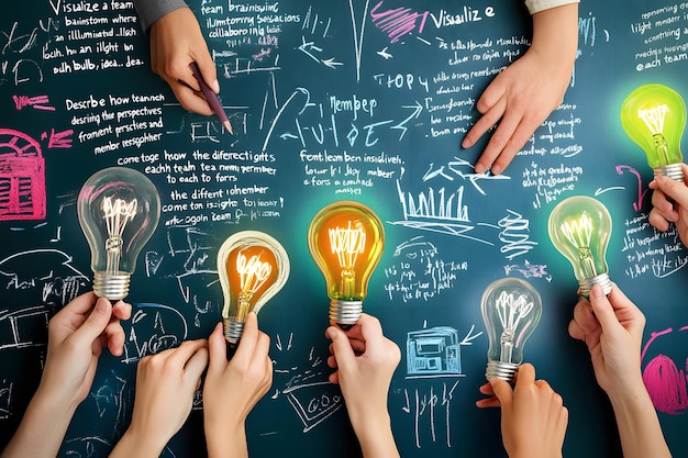 Hands Holding Light Bulbs Against a Blackboard with Chalkboard Drawings