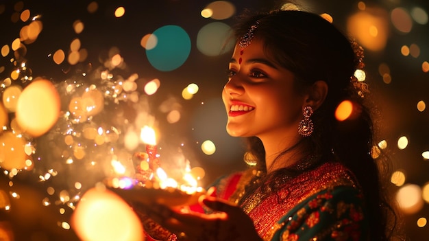 Photo hands holding a lit diya with colorful decorations during diwali celebrations at home