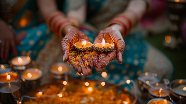 Photo hands holding lit diyas during a traditional indian festival surrounded by candles