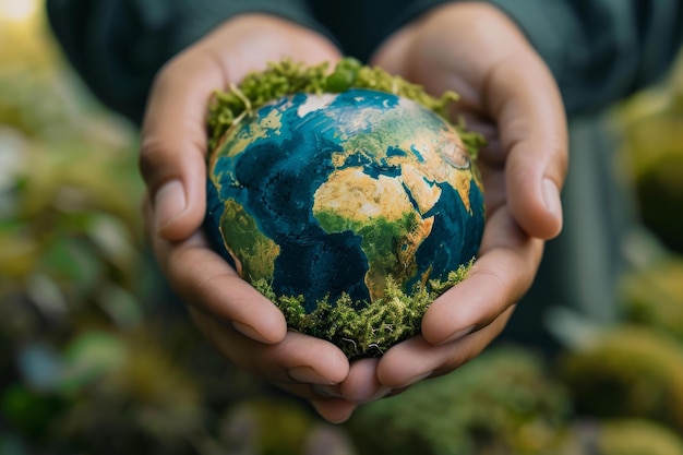 Photo hands holding a miniature earth model