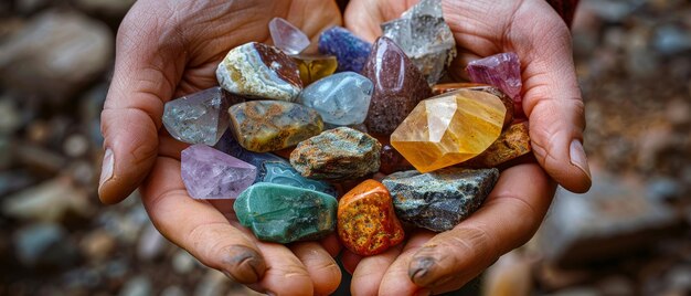 Hands holding a mix of gemstones and minerals