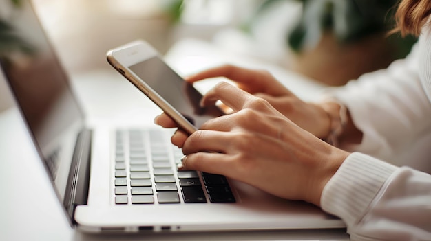 Hands Holding Mobile Phone and Typing on Laptop with Bright White Background