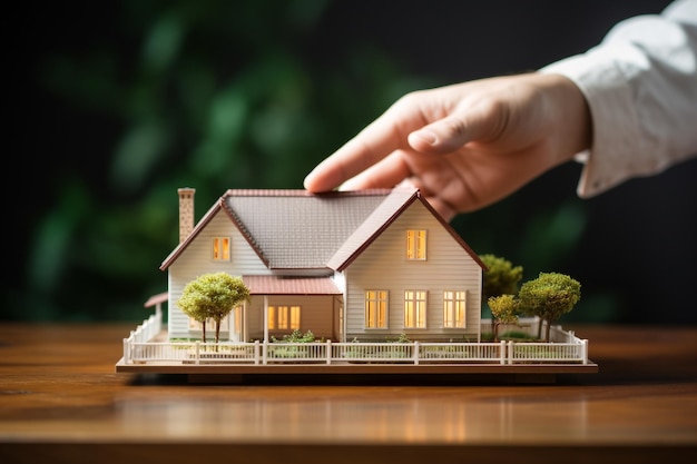 Hands holding model house on wooden table with green plant background