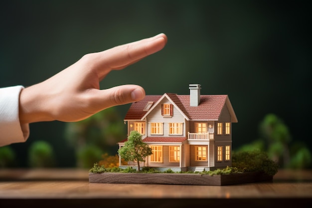 Hands holding model house on wooden table with green plant background