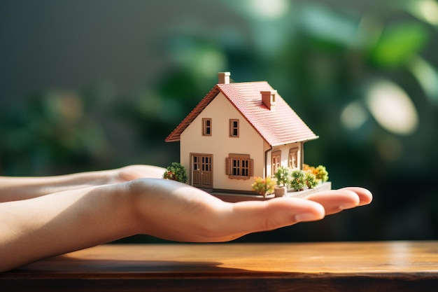 Hands holding model house on wooden table with green plant background