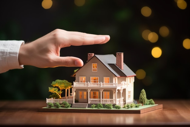 Hands holding model house on wooden table with green plant background