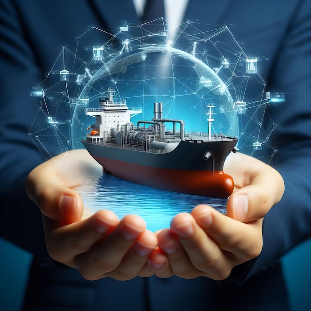 Hands holding a modern cargo vessel with digital data and global network connections emphasizing in