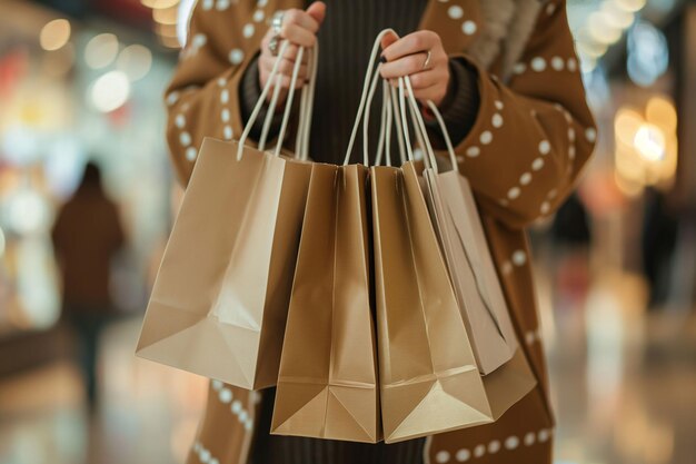 Photo hands holding multiple shopping bags in mall