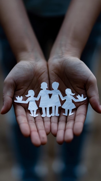 Hands holding a paper cutout of a family symbolizing care protection and unity