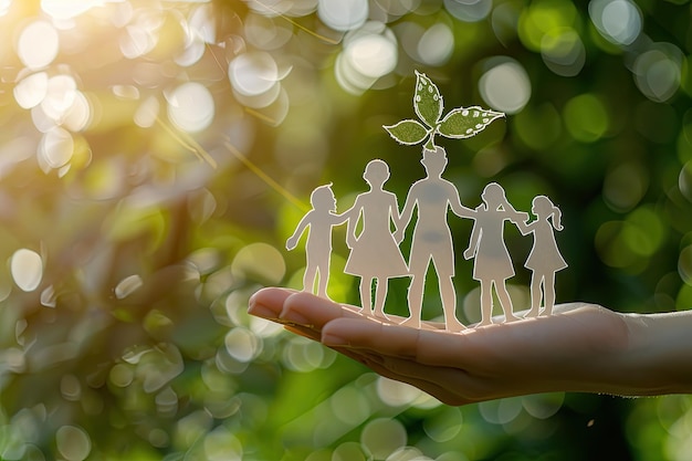 Hands holding paper cutouts of a family symbolizing unity and love set against a backdrop of blooming white flowers in a sunny field