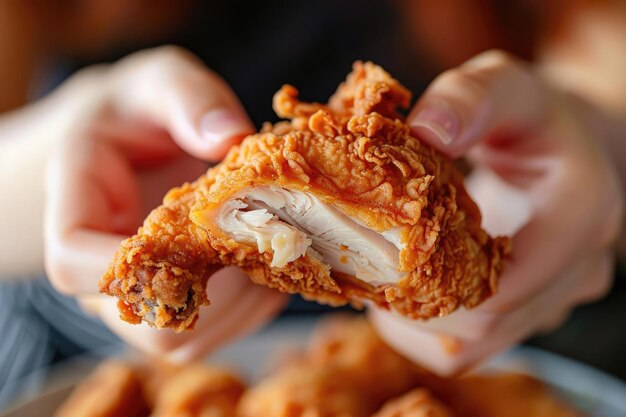 Photo hands holding a piece of fried chicken with a juicy bite taken out emphasizing texture and flavor