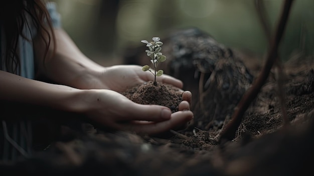 Hands Holding Plant Growing on Soil Grow More Trees Concept