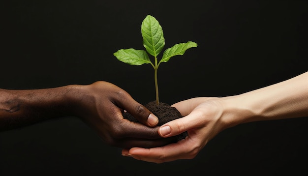 hands holding a plant with a black background