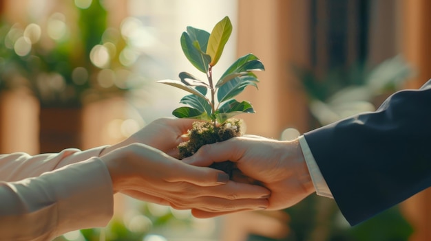 The hands holding plant