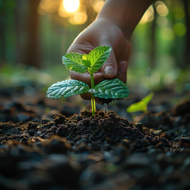 Hands holding or planting a seedling plant in soil Plants for save earth or world environment day